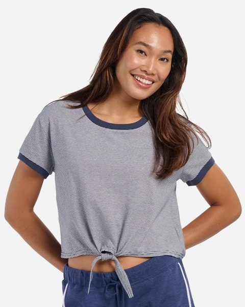 Camiseta de rayas para mujer con lazada delantera